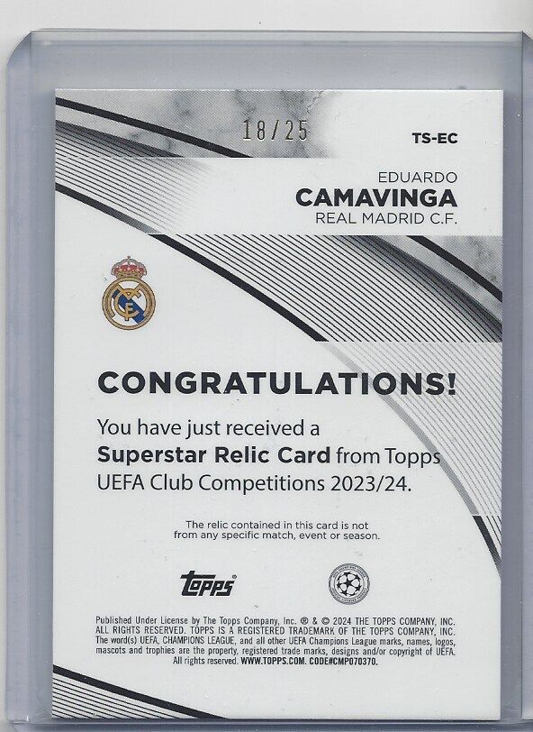 EDUARDO CAMAVINGA 2023-24 TOPPS CLUB COMPETITIONS ORANGE MATCH WORN PATCH 18/25