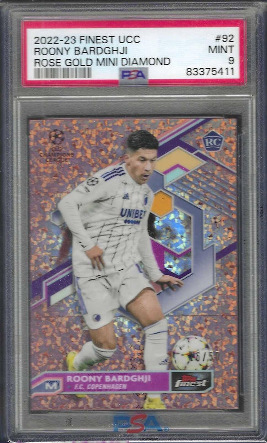 ROONY BARDGHJI 2022-23 TOPPS FINEST ROSE GOLD MINI DIAMOND RC /50 PSA 9 POP 5