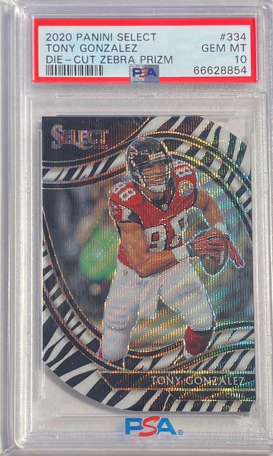 TONY GONZALEZ 2020 PANINI SELECT DIE CUT ZEBRA PRIZM SSP #334 PSA 10 GEM POP 3