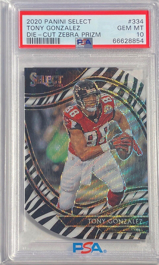 TONY GONZALEZ 2020 PANINI SELECT DIE CUT ZEBRA PRIZM SSP #334 PSA 10 GEM POP 3