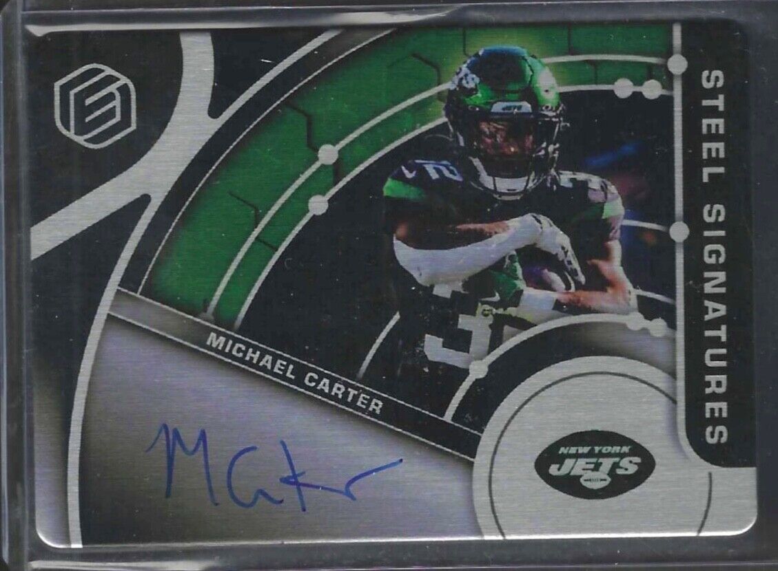 MICHAEL CARTER 2022 PANINI ELEMENTS GREEN STEEL ON CARD AUTO #D 10/10