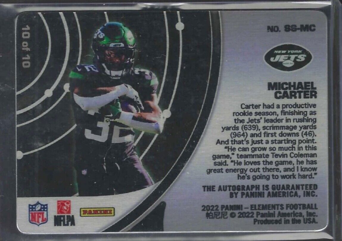 MICHAEL CARTER 2022 PANINI ELEMENTS GREEN STEEL ON CARD AUTO #D 10/10