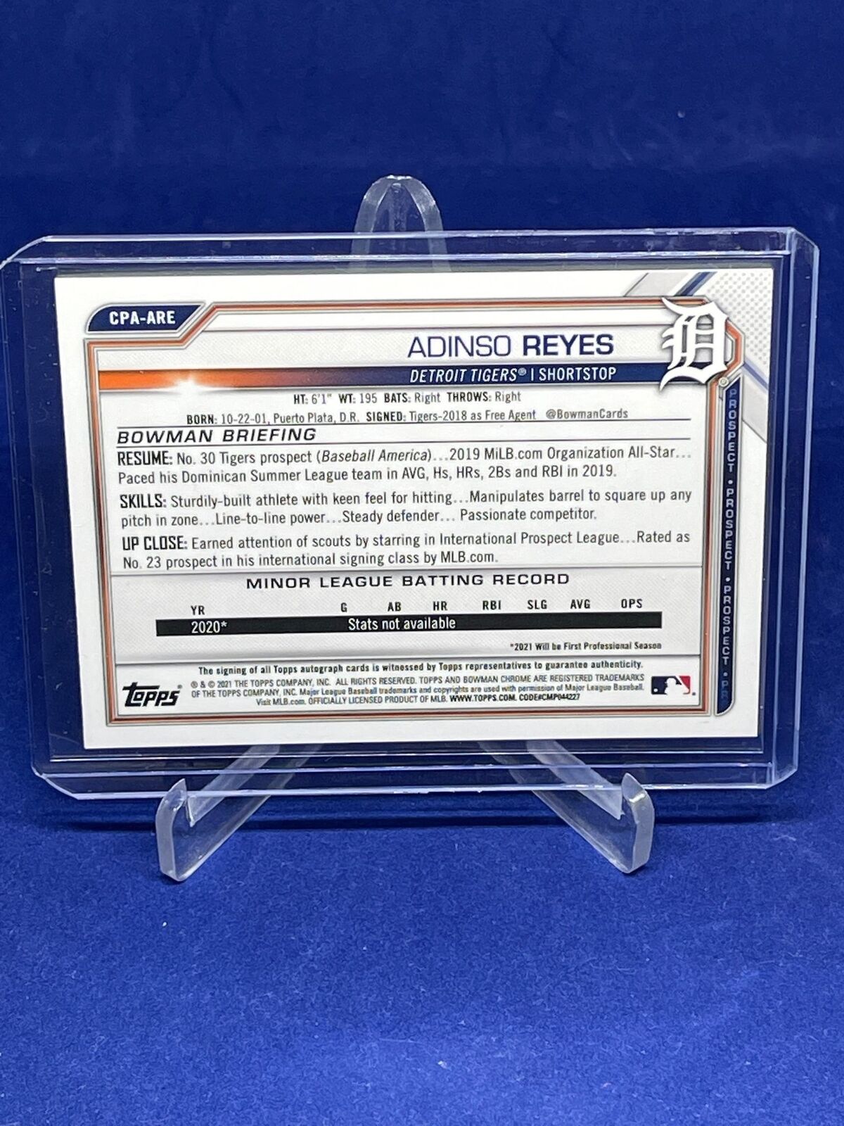 ADINSO REYES 2021 BOWMAN CHROME 1ST PURPLE REFRACTOR AUTO PROSPECT #D 171/250