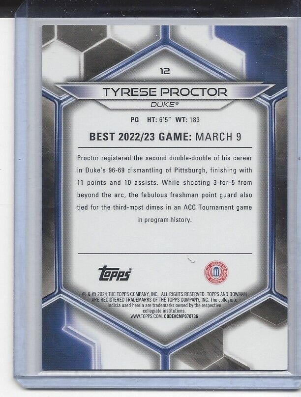 TYRESE PROCTOR 2023 BOWMANS BEST GOLD DUKE REFRACTOR #D 20/50