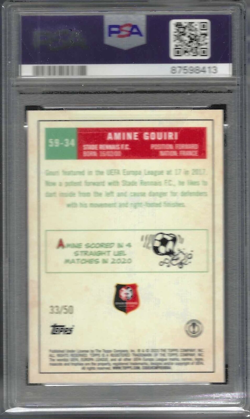AMINE GOUIRI 2022-23 TOPPS UEFA 1959 GOLD RC #d 33/50 PSA 10 GEM MINT POP 1/1