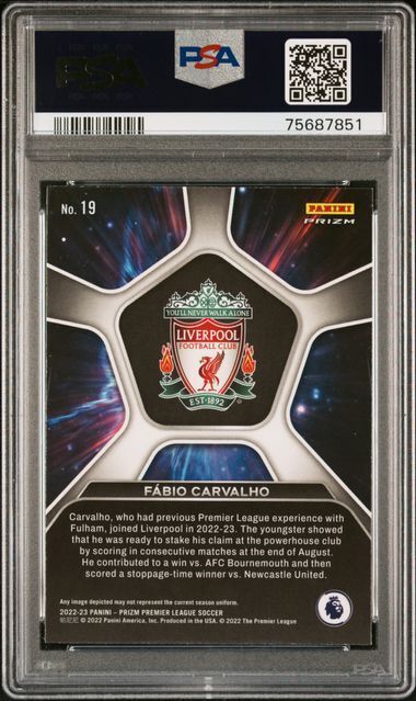 FABIO CARVALHO 2022-23 PRIZM PREMIER LEAGUE DEEP SPACE SILVER RC 19 PSA 10 POP 2