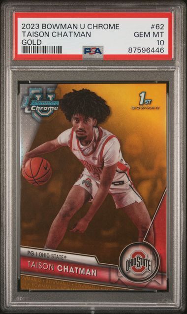 TAISON CHATMAN 2023 BOWMAN CHROME UNIVRSTY 1ST GOLD REFRACTOR /50 PSA 10 POP 1/1
