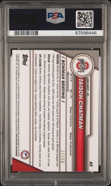 TAISON CHATMAN 2023 BOWMAN CHROME UNIVRSTY 1ST GOLD REFRACTOR /50 PSA 10 POP 1/1