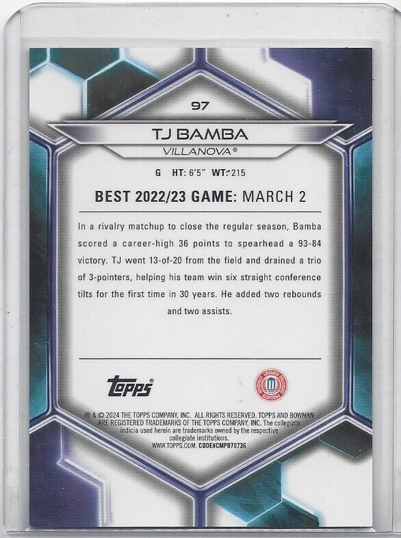 TJ BAMBA 2023 BOWMANS BEST GOLD GEOMETRIC VILLANOVA REFRACTOR #D 33/50