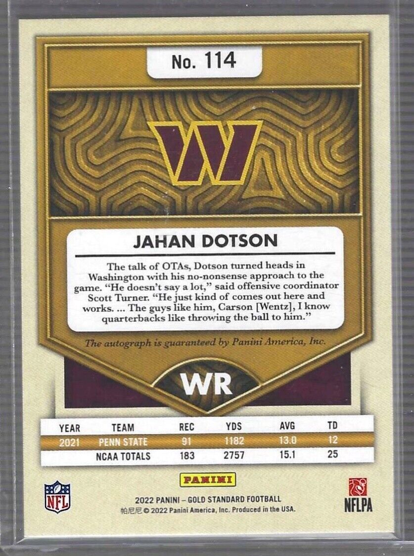 JAHAN DOTSON 2022 PANINI GOLD STANDARD ROOKIE AUTO RC #D 97/99