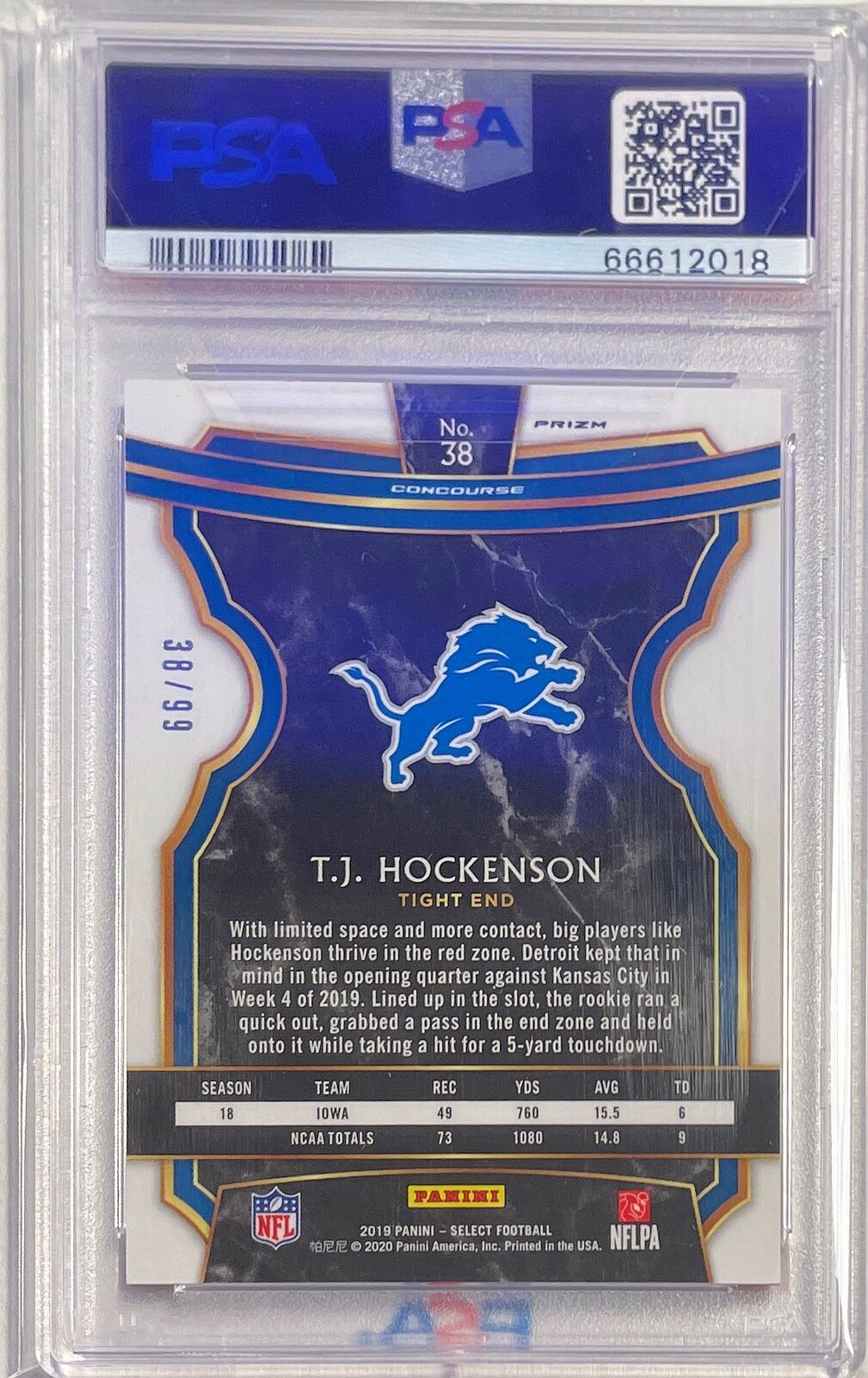 T.J. HOCKENSON 2019-20 PANINI SELECT RED PRIZM RC #D 38/99 PSA 10 GEM MINT POP 5