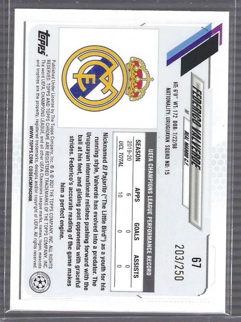 FEDERICO VALVERDE 2020-21 TOPPS CHROME UEFA PURPLE REFRACTOR RC #D 203/250