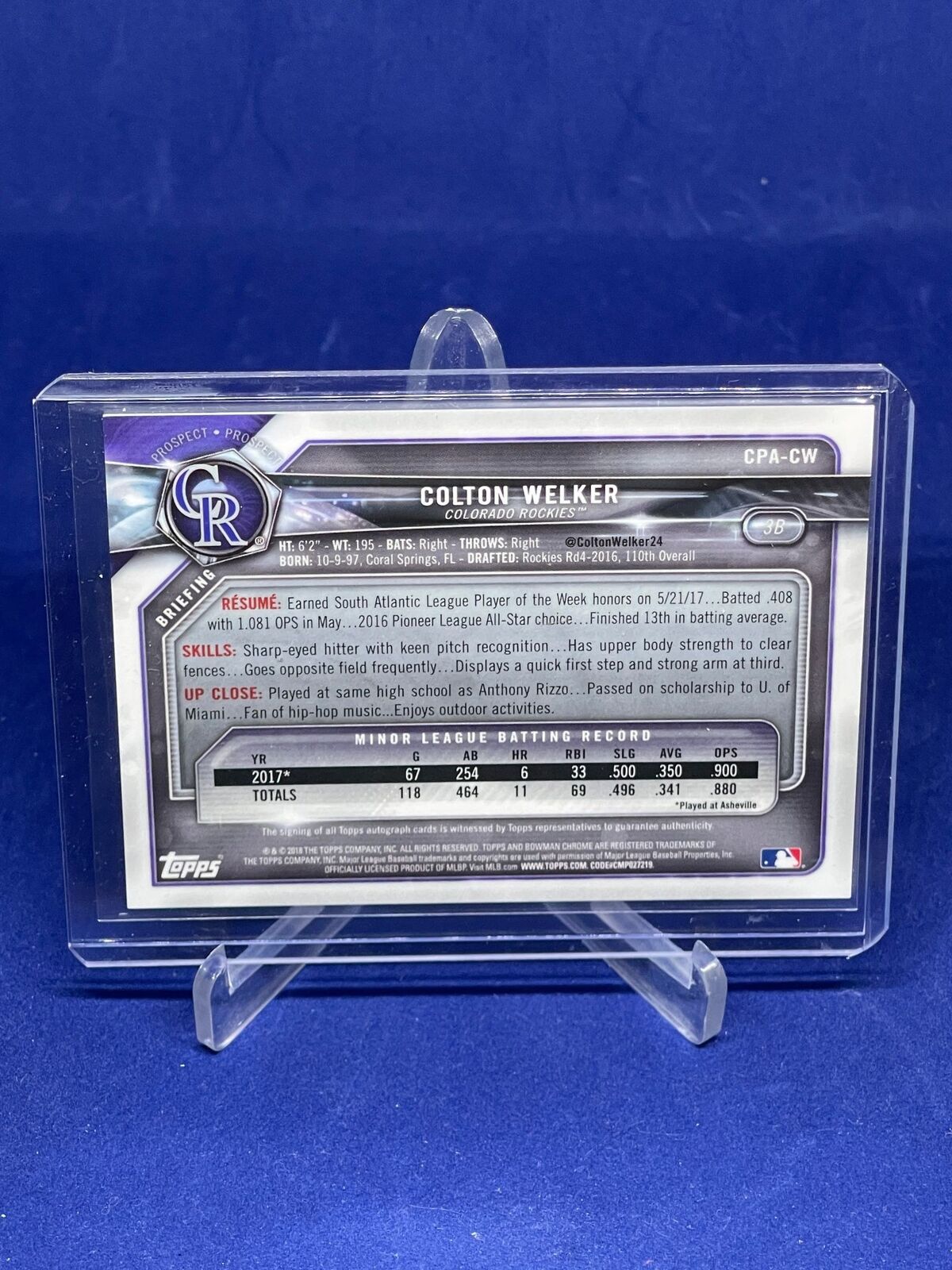 COLTON WELKER 2018 BOWMAN CHROME ON CARD AUTO PROSPECT