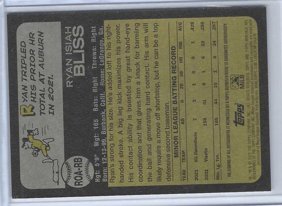 RYAN BLISS 2022 TOPPS HERITAGE MINOR LEAGUE PROSPECT REAL ONE AUTO #ROA-RB