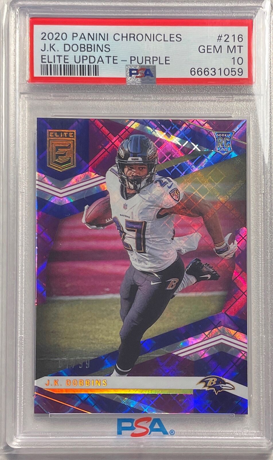 J.K. DOBBINS 2020 CHRONICLES ELITE UPDATE PURPLE RC #D 97/99 PSA 10 GEM POP 1/1