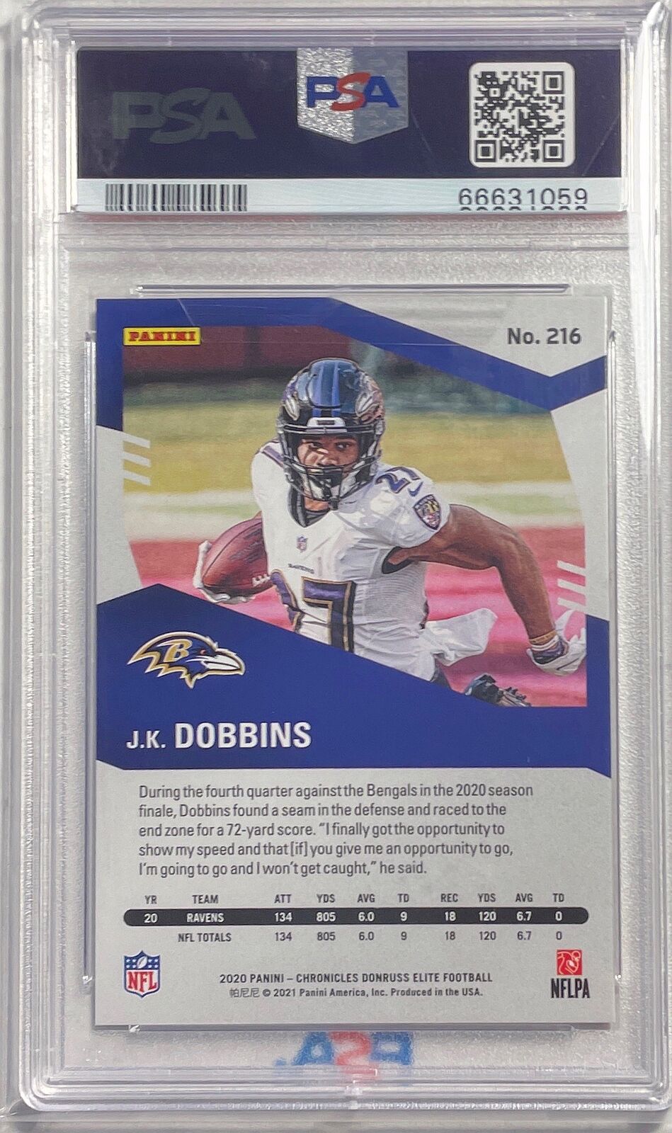 J.K. DOBBINS 2020 CHRONICLES ELITE UPDATE PURPLE RC #D 97/99 PSA 10 GEM POP 1/1
