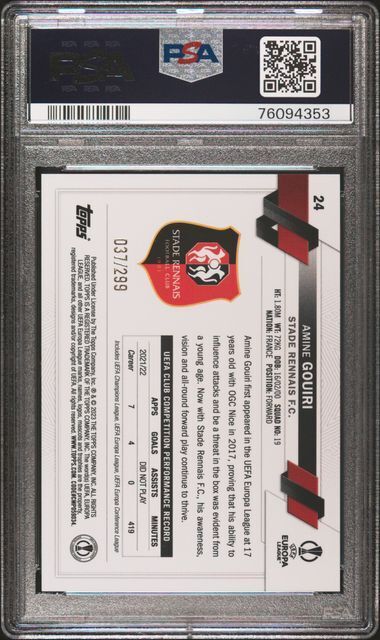 AMINE GOUIRI 2022-23 TOPPS UEFA CLUB YELLOW FOIL RC /299 PSA 10 GEM MINT POP 1/1