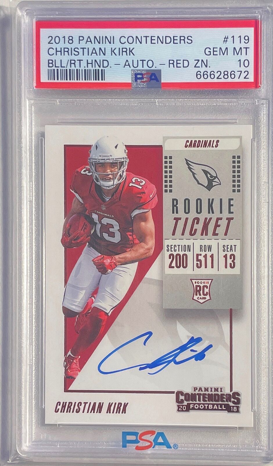 CHRISTIAN KIRK 2018 CONTENDERS VARIATION RED ZONE AUTO RC #119 PSA 10 GEM POP 4