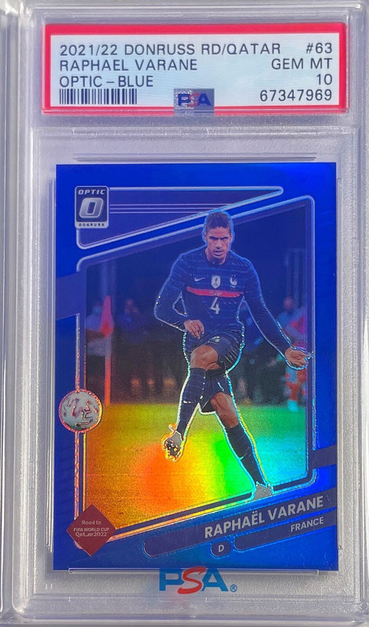RAPHAEL VARANE 2021-22 DONRUSS OPTIC QATAR BLUE HOLO #D 07/99 PSA 10 GEM POP 1/1