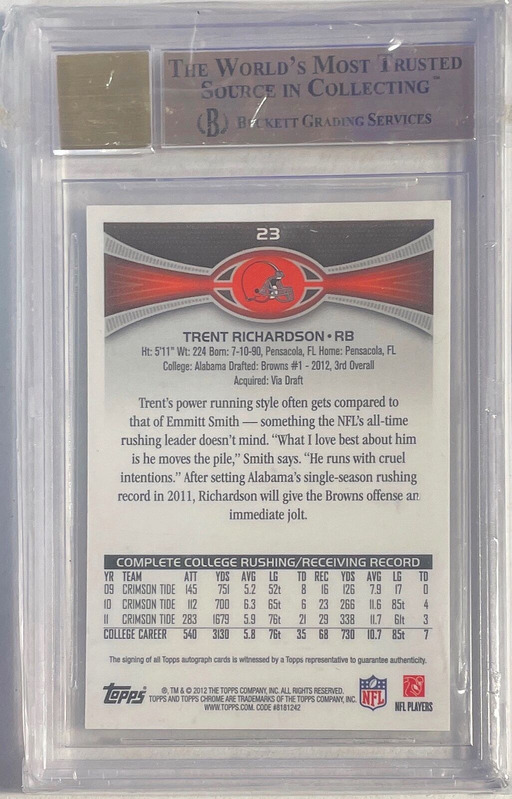 TRENT RICHARDSON 2012 TOPPS CHROME AUTO VARIATION REFRACTOR RC #23 BGS 9.5 10 AU
