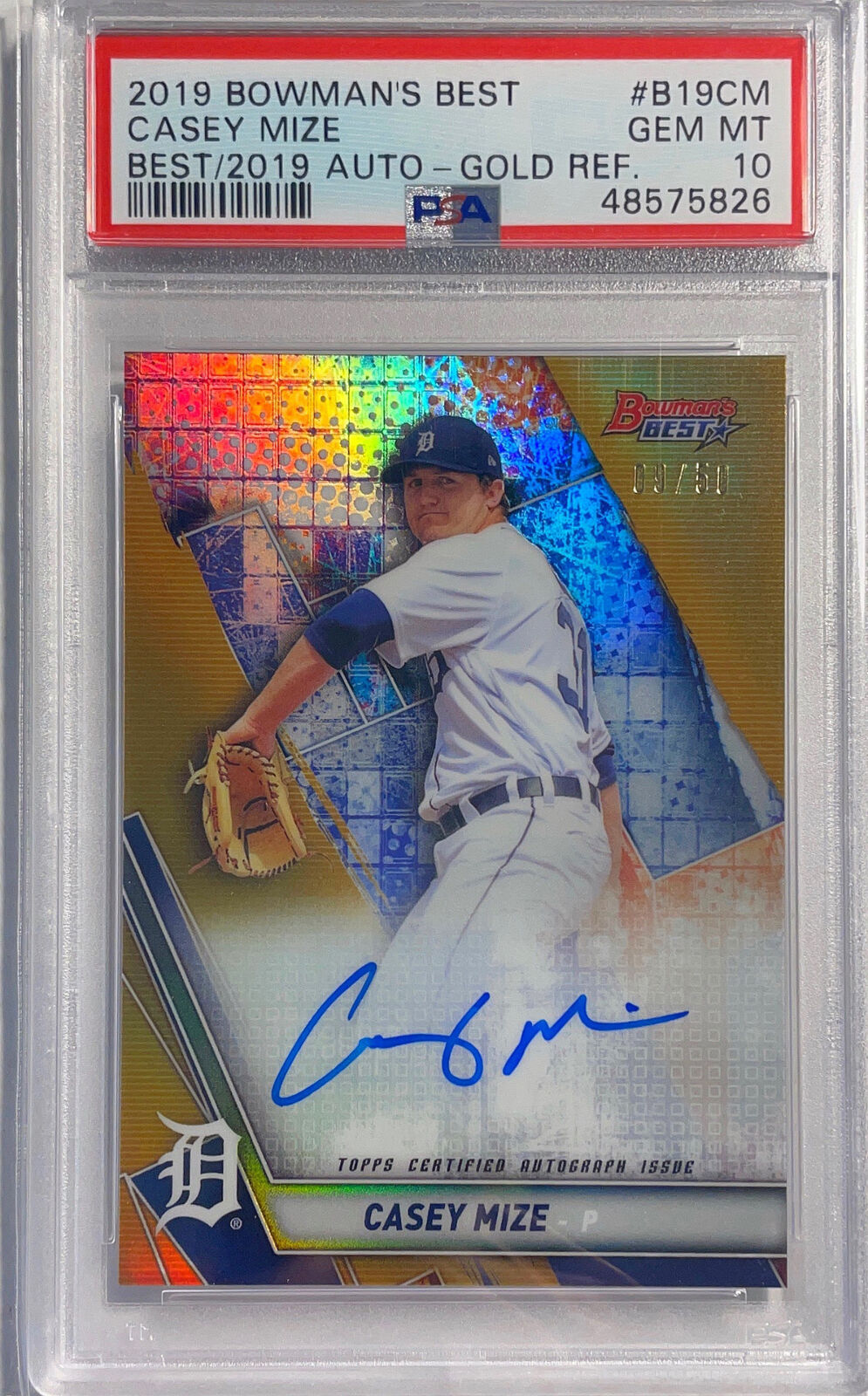 CASEY MIZE 2019 BOWMAN'S BEST GOLD REFRACTOR AUTO #D /50 PSA 10 GEM MINT POP 5
