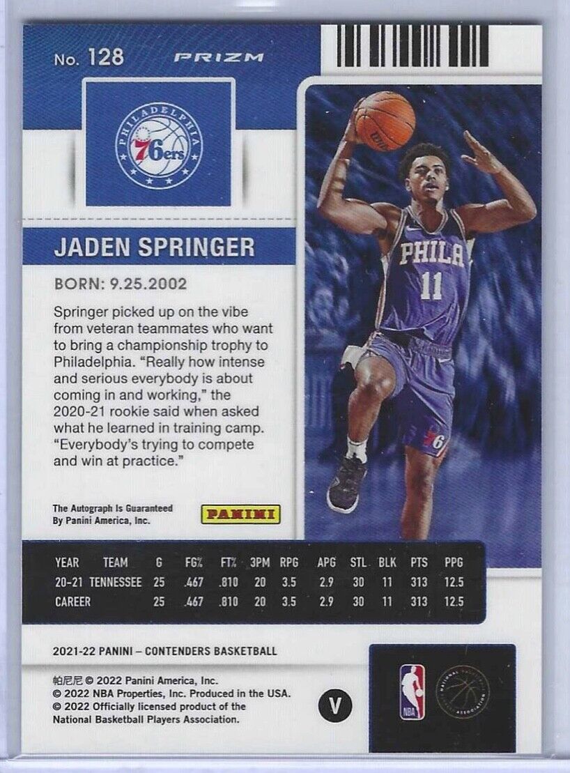 JADEN SPRINGER 2021-22 PANINI CONTENDERS PREMIUM PRIZM VARIATION AUTO RC #128