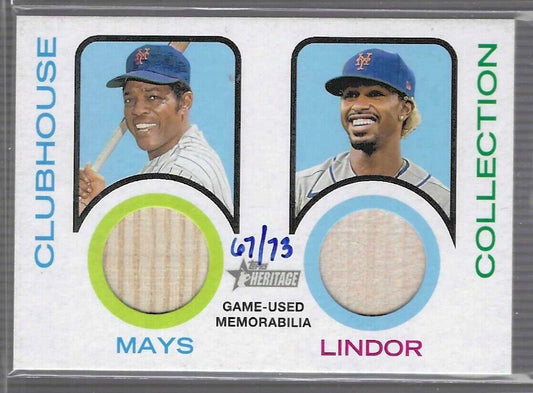 WILLIE MAYS LINDOR 2022 TOPPS HERITAGE CLUBHOUSE DUAL GAME USED BAT #D 67/73