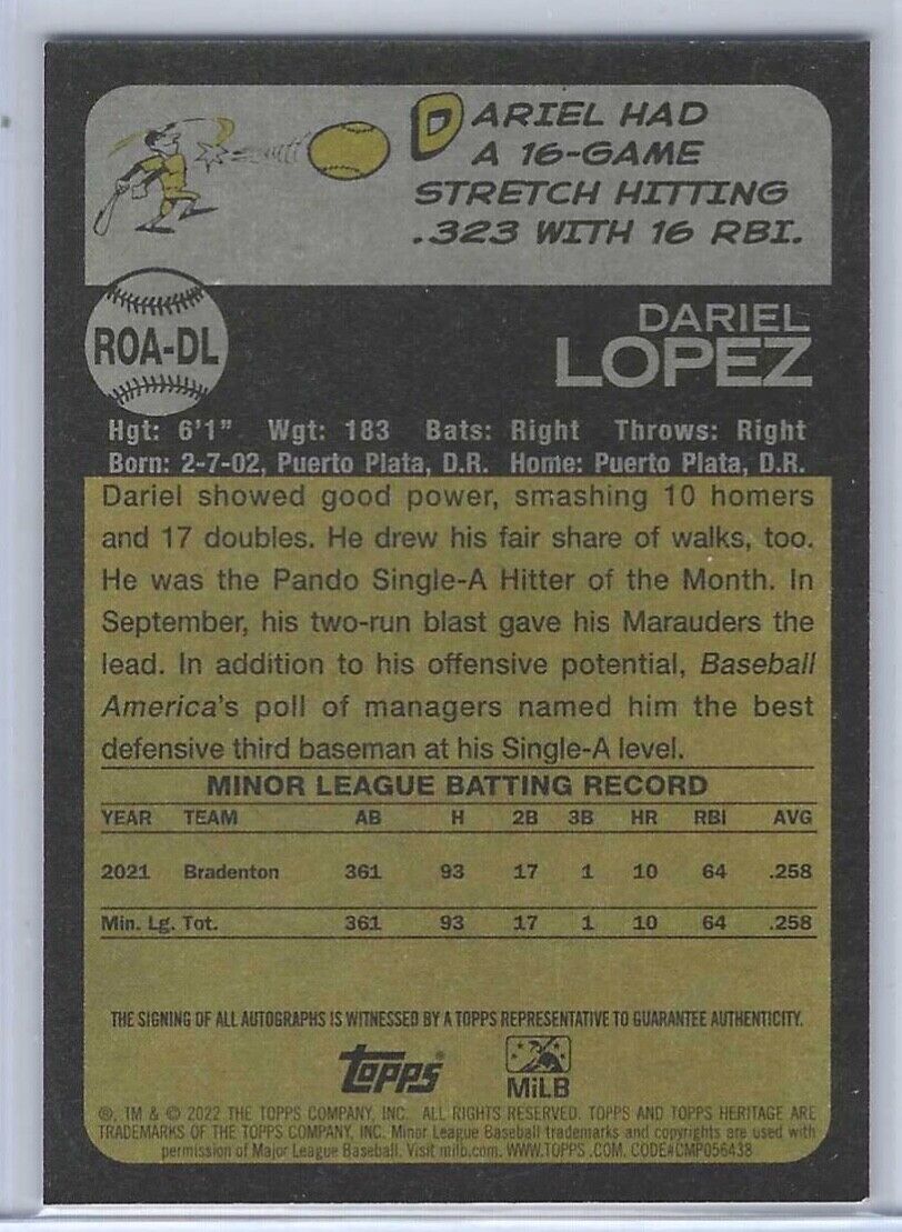DARIEL LOPEZ 2022 TOPPS HERITAGE MINOR LEAGUE PROSPECT REAL ONE AUTO #ROA-DL