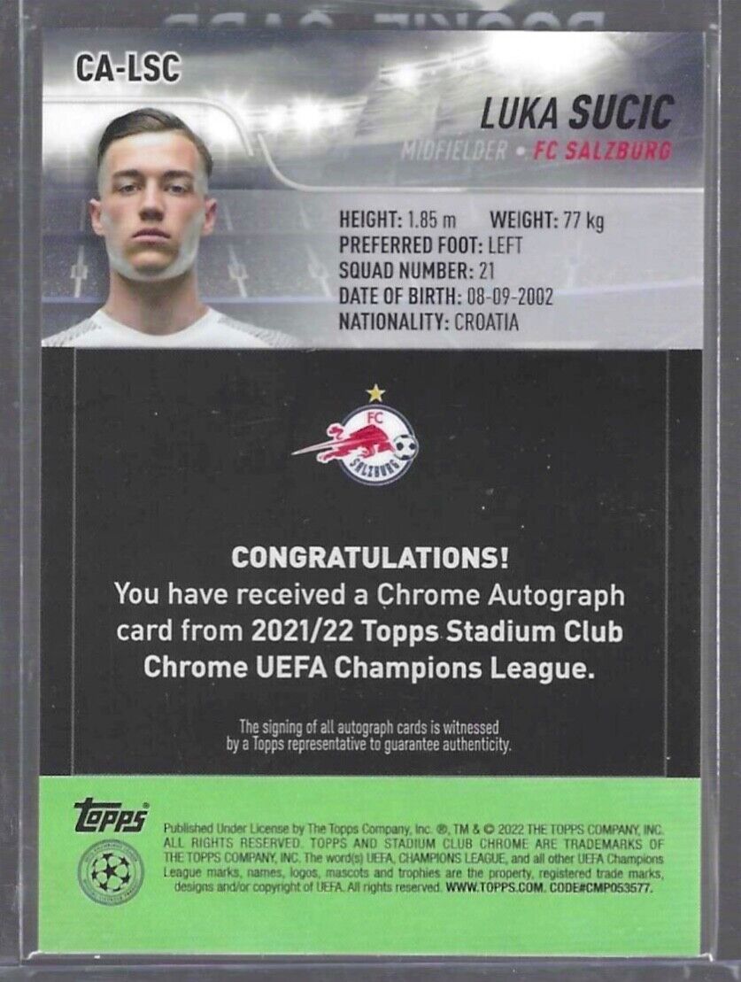 LUKA SUCIC 2021-22 TOPPS STADIUM CLUB CHROME SILVER REFRACTOR AUTO RC #CA-LSC