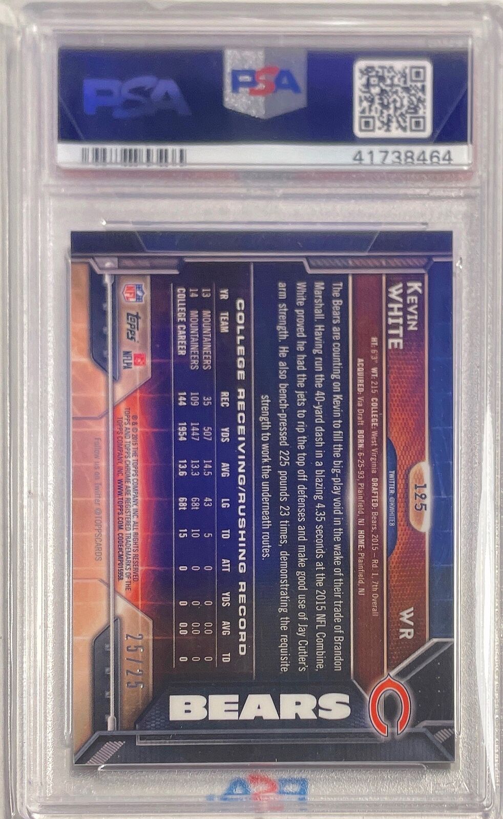 KEVIN WHITE 2015 TOPPS CHROME RED REFRACTOR RC #D 25/25 PSA 10 GEM MINT POP 1/1