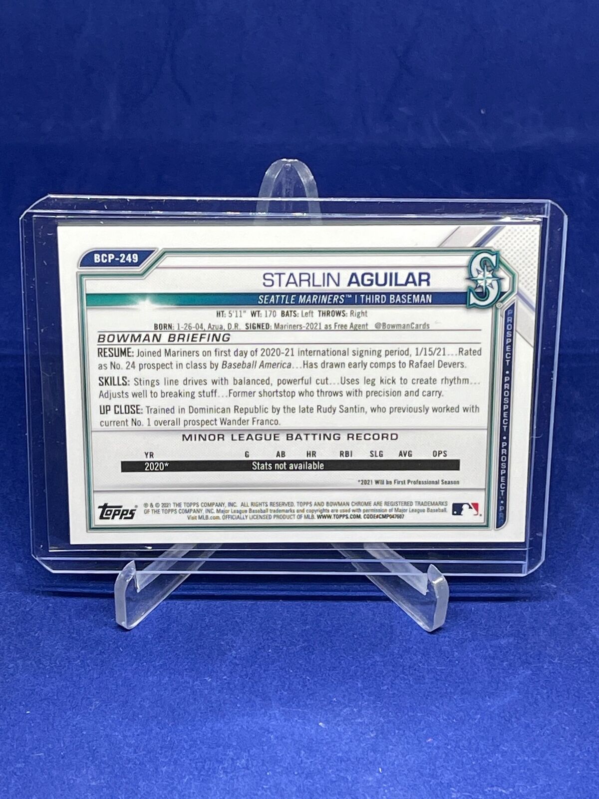 STARLIN AGUILAR 2021 BOWMAN CHROME 1ST PURPLE SHIMMER REFRACTOR PROSPECT #D /250