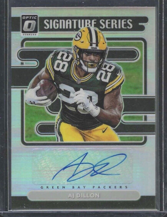 AJ DILLON 2021 PANINI DONRUSS OPTIC SILVER PRIZM SIGNATURE SERIES AUTO RC #SS-AJ