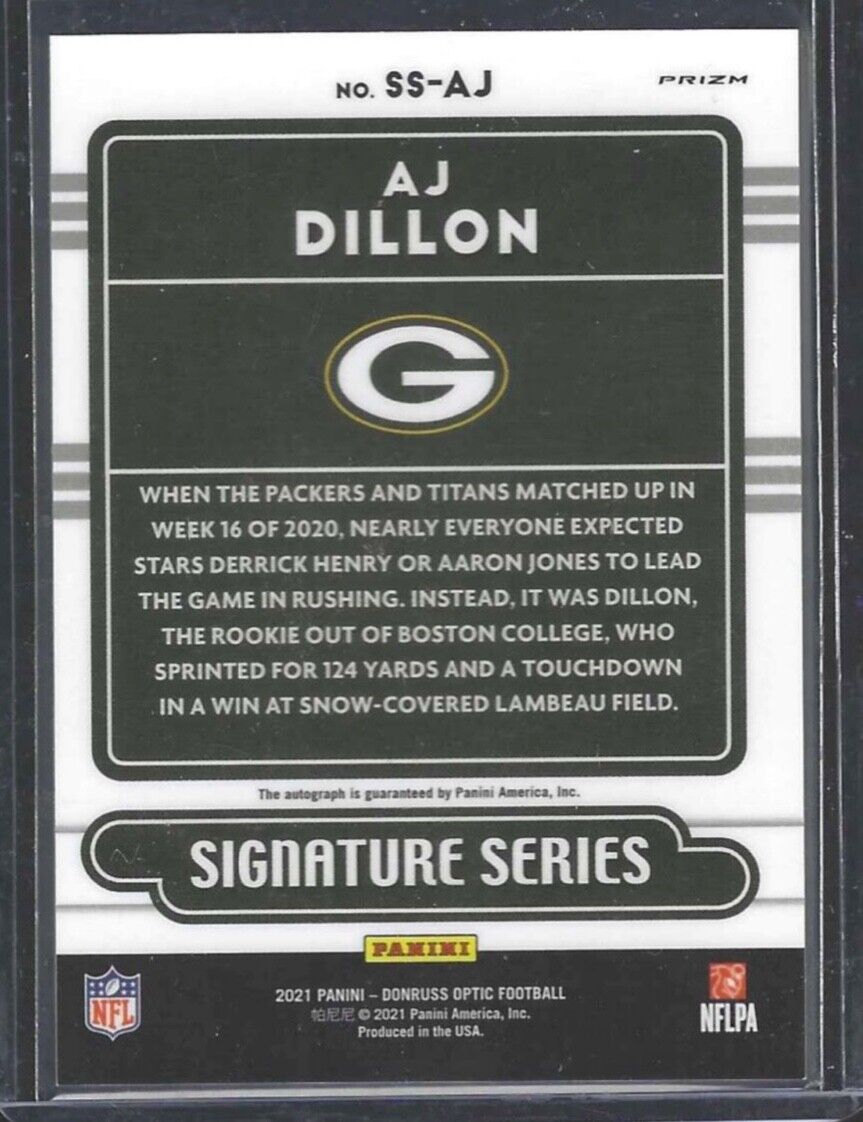 AJ DILLON 2021 PANINI DONRUSS OPTIC SILVER PRIZM SIGNATURE SERIES AUTO RC #SS-AJ