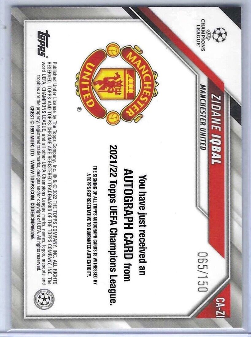 ZIDANE IQBAL 2021-22 TOPPS CHROME UEFA BLUE REFRACTOR ROOKIE AUTO RC #D 065/150
