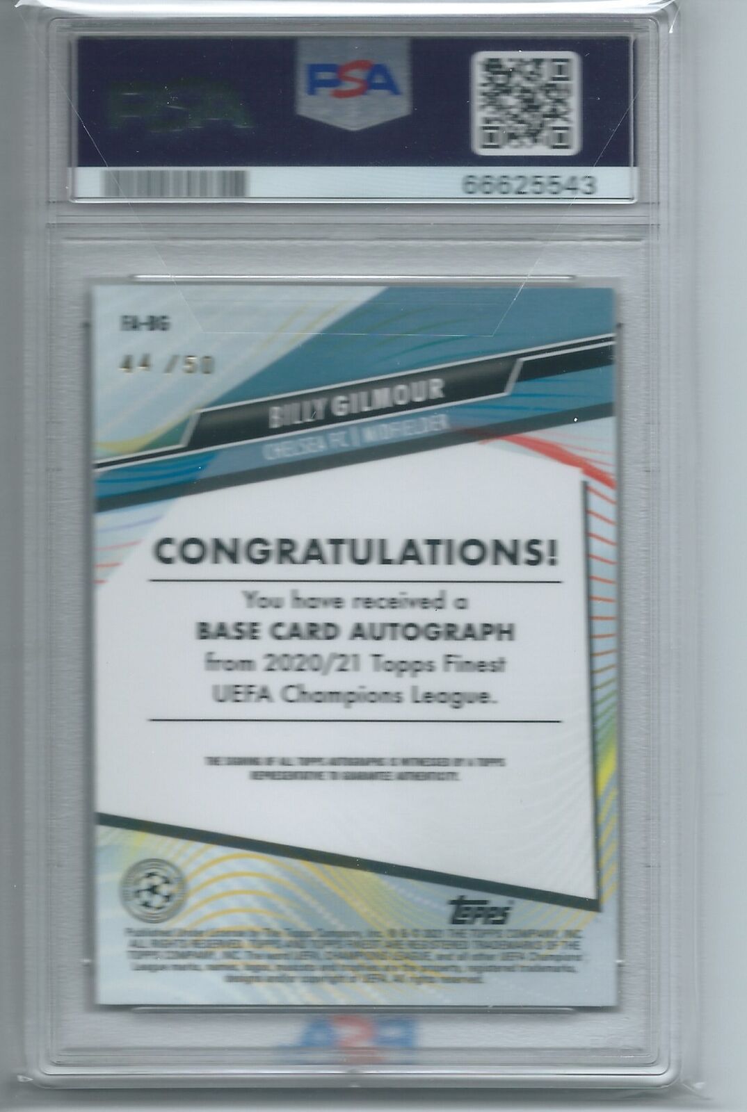 BILLY GILMOUR 2020-21 TOPPS FINEST UCL GOLD REFRACTOR AUTO RC #D /50 PSA 9 POP 3