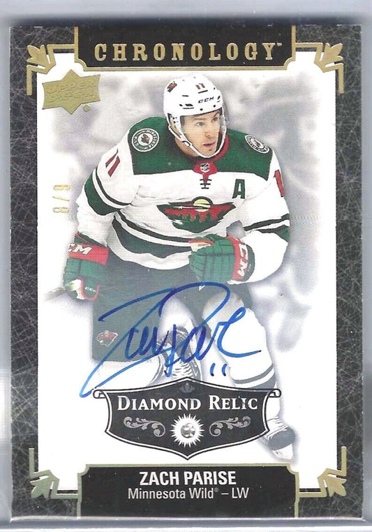 ZACH PARISE 2019-20 UPPER DECK CHRONOLOGY DIAMOND RELIC ON CARD AUTO #D 8/9