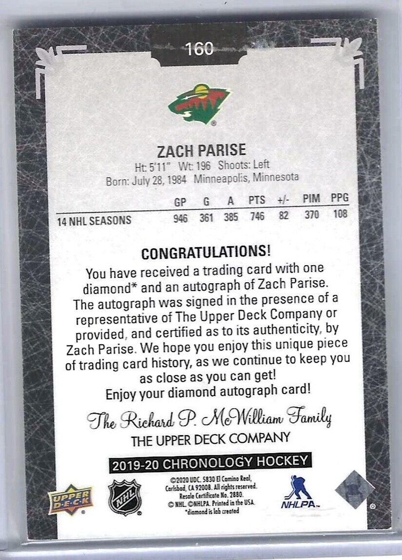 ZACH PARISE 2019-20 UPPER DECK CHRONOLOGY DIAMOND RELIC ON CARD AUTO #D 8/9