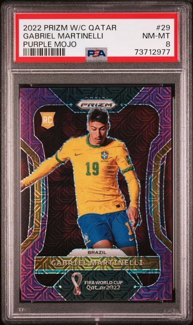 GABRIEL MARTINELLI 2022-23 PRIZM WORLD CUP QATAR PURPLE MOJO RC #D 45/49 PSA 8