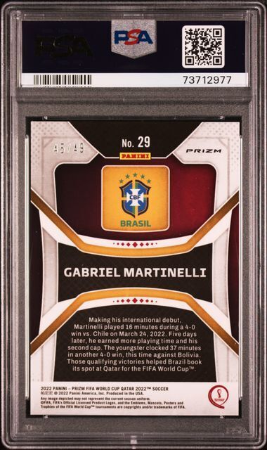 GABRIEL MARTINELLI 2022-23 PRIZM WORLD CUP QATAR PURPLE MOJO RC #D 45/49 PSA 8