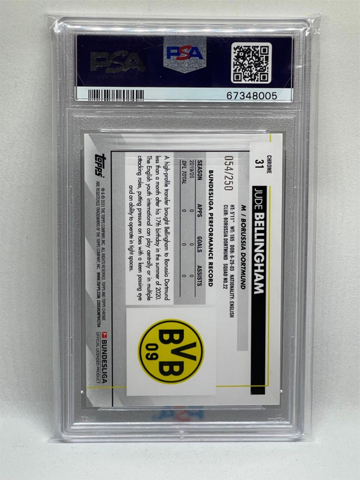 JUDE BELLINGHAM 2020-21 TOPPS CHROME BUNDESLIGA X-FRACTOR RC #D 54/250 PSA 9