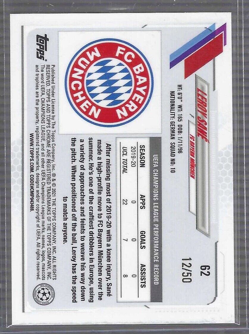 LEROY SANE 2020-21 TOPPS CHROME UEFA GOLD REFRACTOR #D 12/50