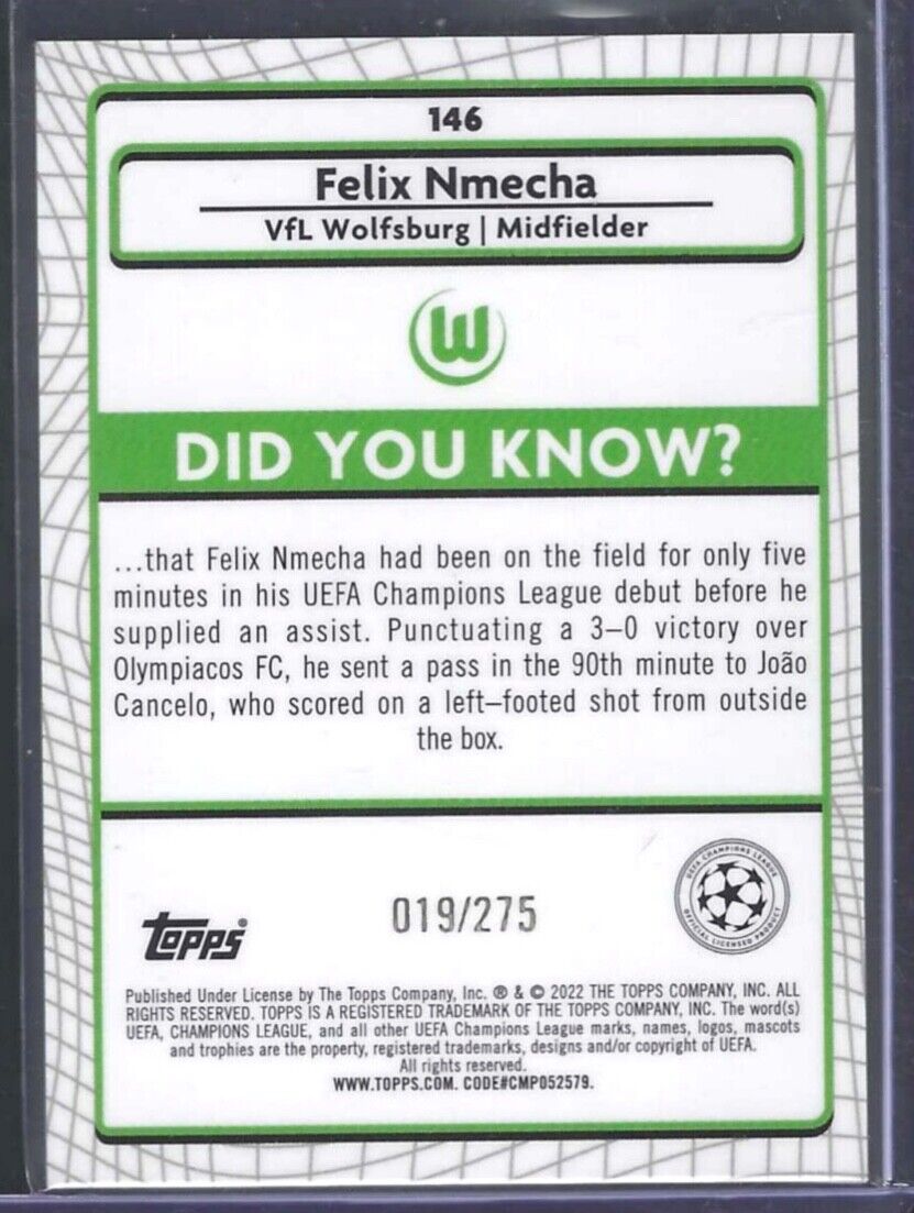 FELIX NMECHA 2021-22 TOPPS MERLIN PINK MOJO REFRACTOR ROOKIE RC #D 019/275