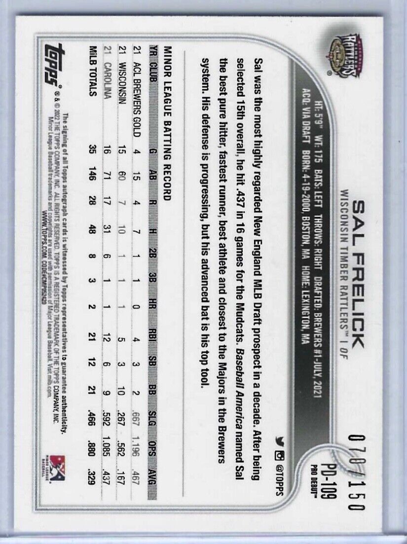 SAL FRELICK 2022 TOPPS PRO DEBUT BLUE PROSPECT AUTO #D 070/150
