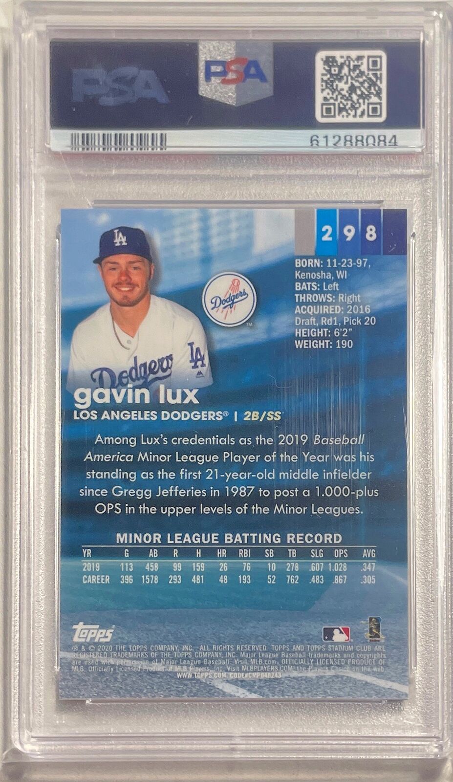 GAVIN LUX 2020 STADIUM CLUB CHROME X-FRACTOR RC #298 PSA 10 GEM MINT POP 6