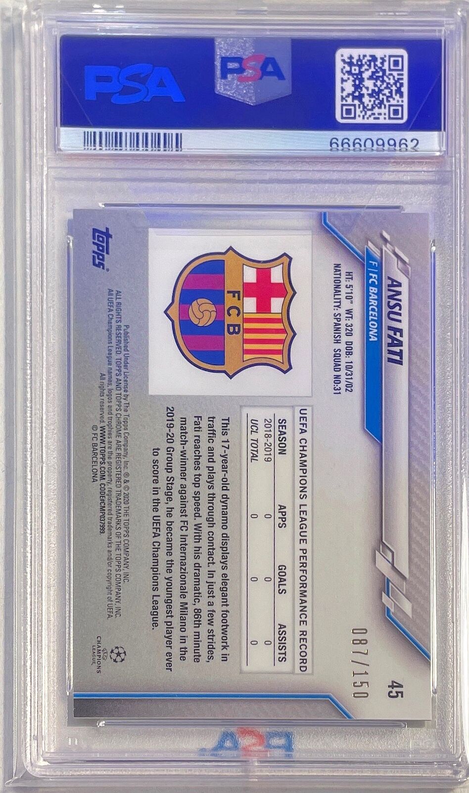 ANSU FATI 2019-20 TOPPS CHROME UCL BLUE REFRACTOR RC #D 87/150 PSA 10 GEM MINT