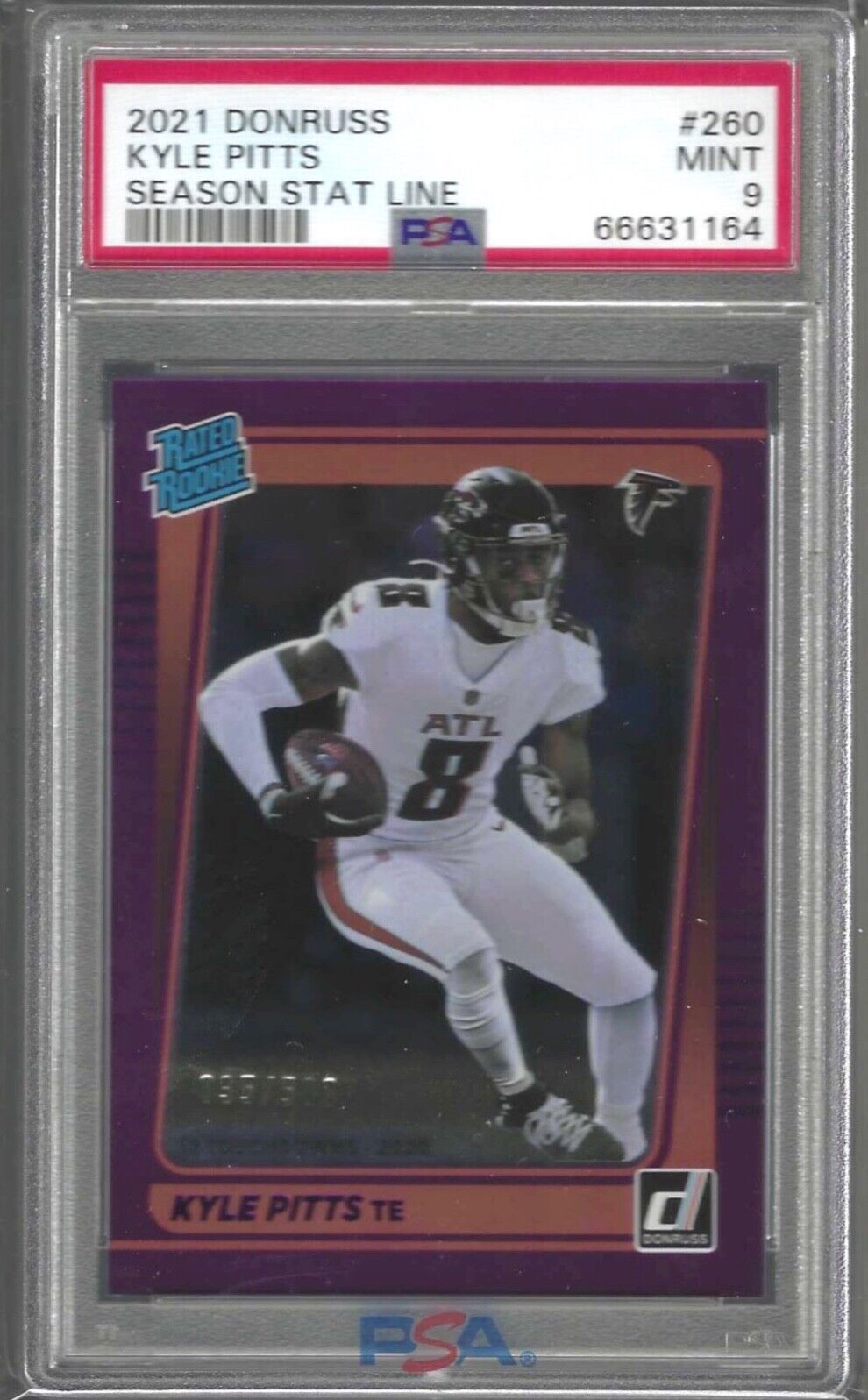 KYLE PITTS 2021 PANINI DONRUSS SEASON STAT LINE PURPLE FOIL RC /500 PSA 9 POP 3