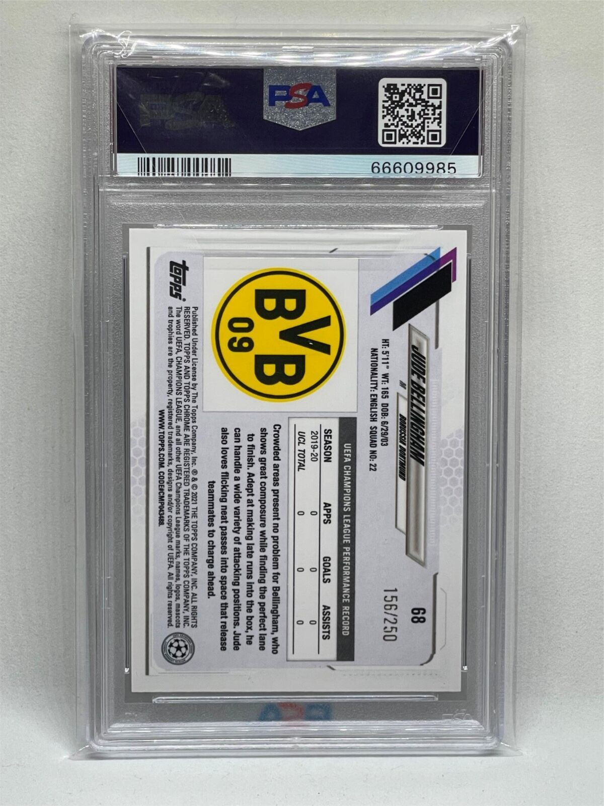 JUDE BELLINGHAM 2020 TOPPS CHROME PURPLE MINI DIAMOND REFRACTOR RC #D /250 PSA 9