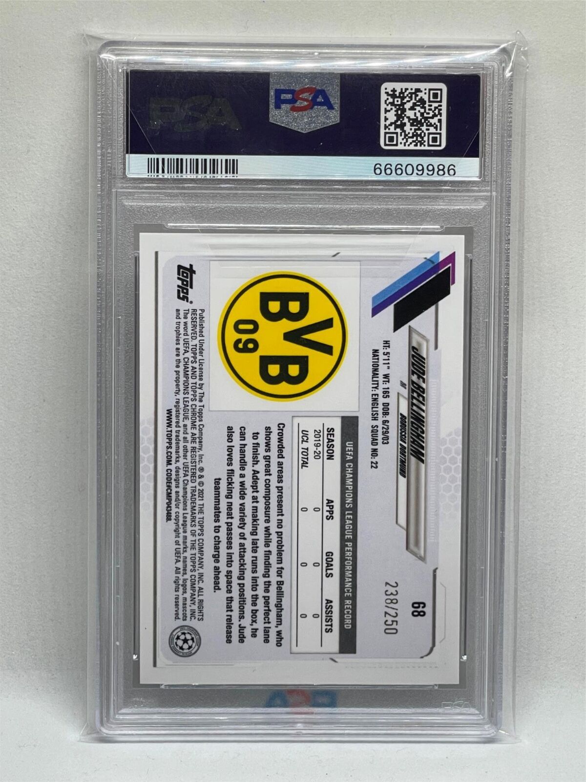 JUDE BELLINGHAM 2020 TOPPS CHROME PURPLE MINI DIAMOND REFRACTOR RC #D /250 PSA 9