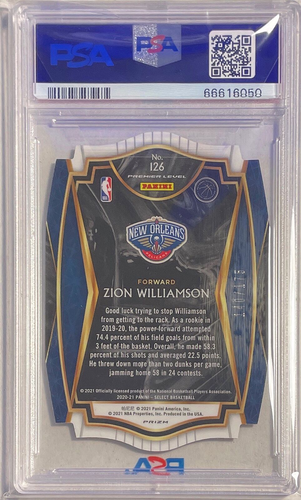 ZION WILLIAMSON 2020-21 SELECT MAROON DIE-CUT PRIZM #D 140/175 PSA 10 GEM POP 2
