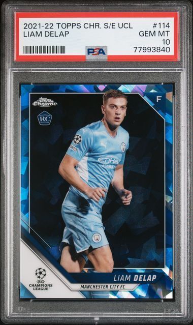LIAM DELAP 2021-22 TOPPS CHROME UCL SAPPHIRE REFRACTOR RC #114 PSA 10 GEM MINT